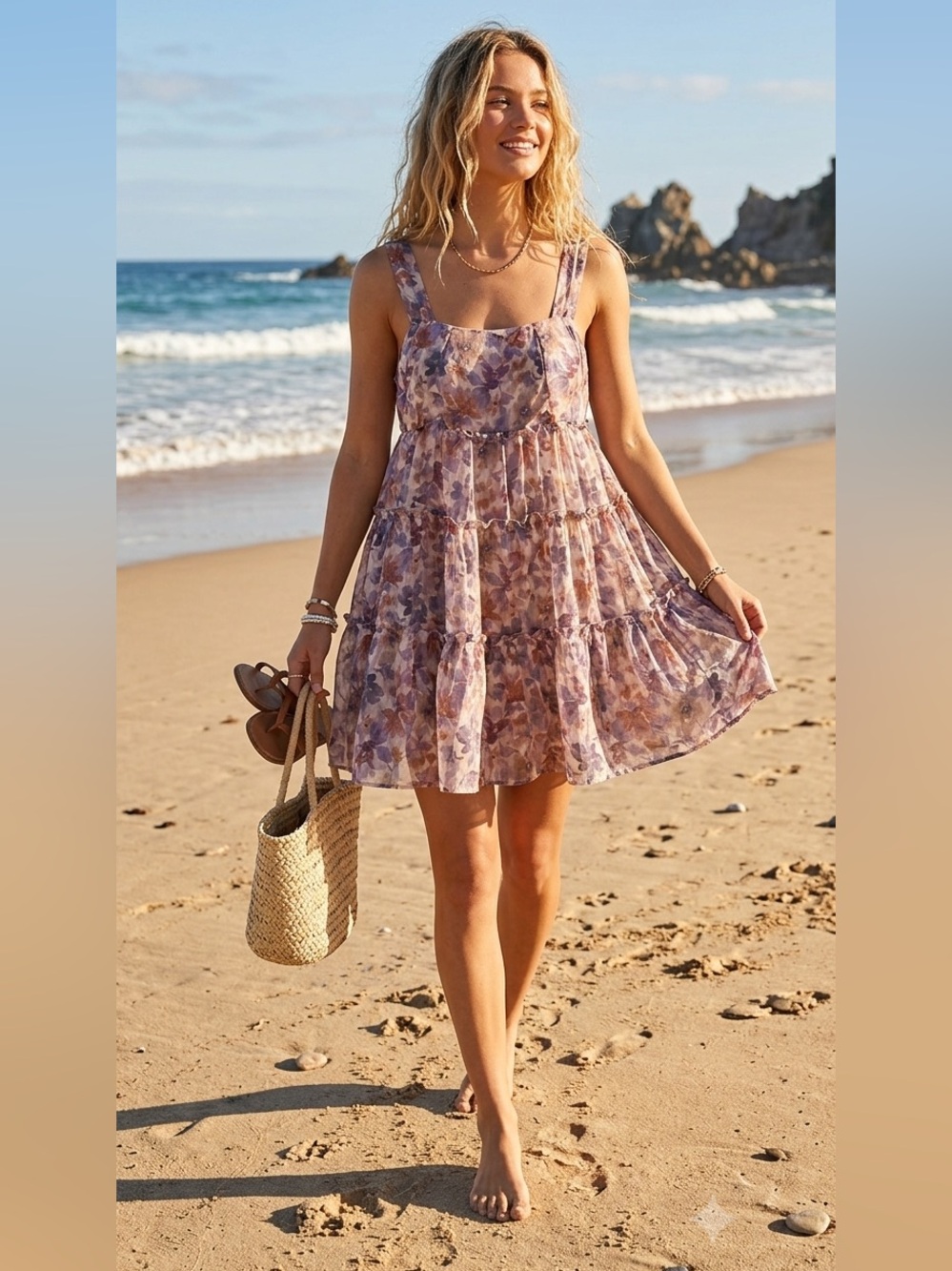 Sophie the Label Floral Tiered Mini Sundress - Beige Multi-Feminine -Cottagecore